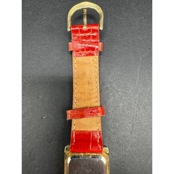 Clarins Paris Rectangular Gold Tone w/ White Dial Watch Red Leather Band Working - Picture 12 of 13